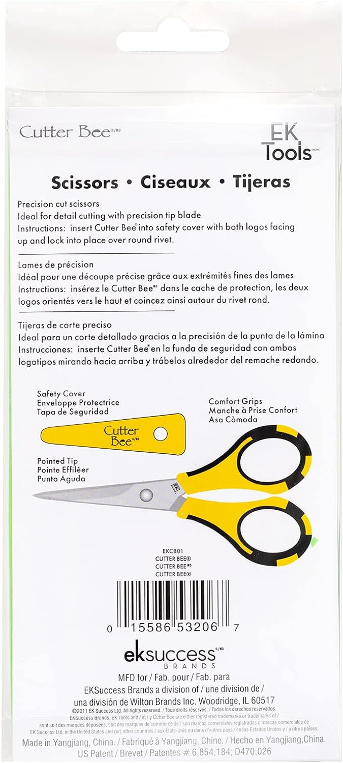 EK Tools Cutter Bee Precision Scissors, Small, Yellow and Black, Package Includes 1 Ergonomic Scissor and 1 Protective Safety Cover, For Cutting, Crafting, Paper, Herbs, and More