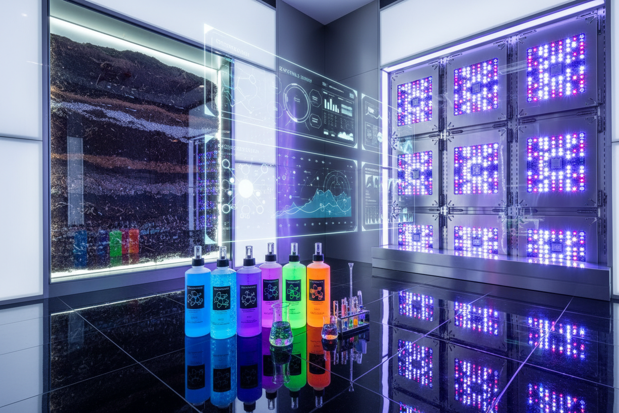 Colorful bottles on a reflective surface with digital displays in the background